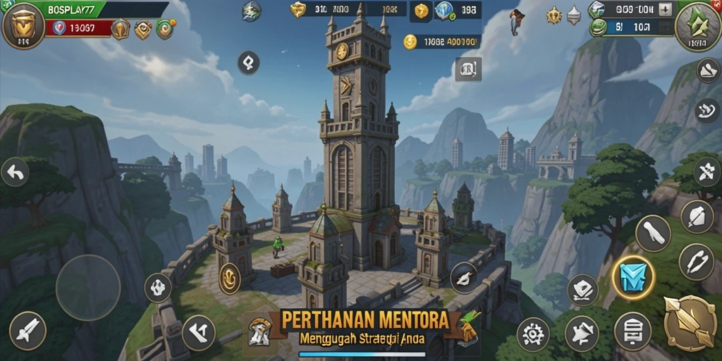 Tampilan gameplay <strong>BOSPLAY77</strong> dengan menara dan musuh yang beraksi.
