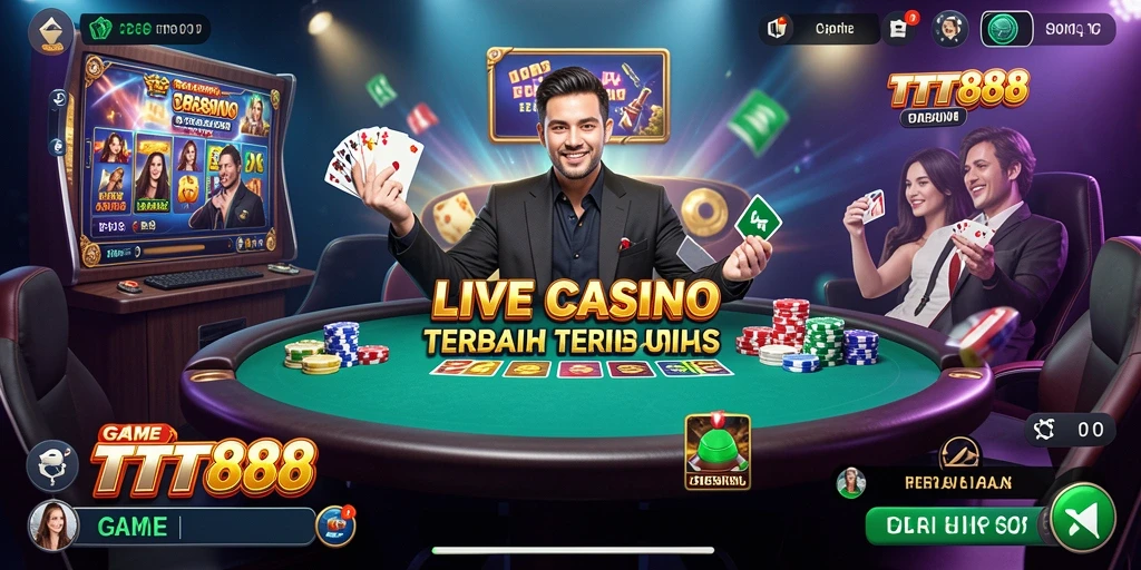 Screenshot TTT888 yang menunjukkan dealer profesional dan permainan Live Casino yang mendebarkan.